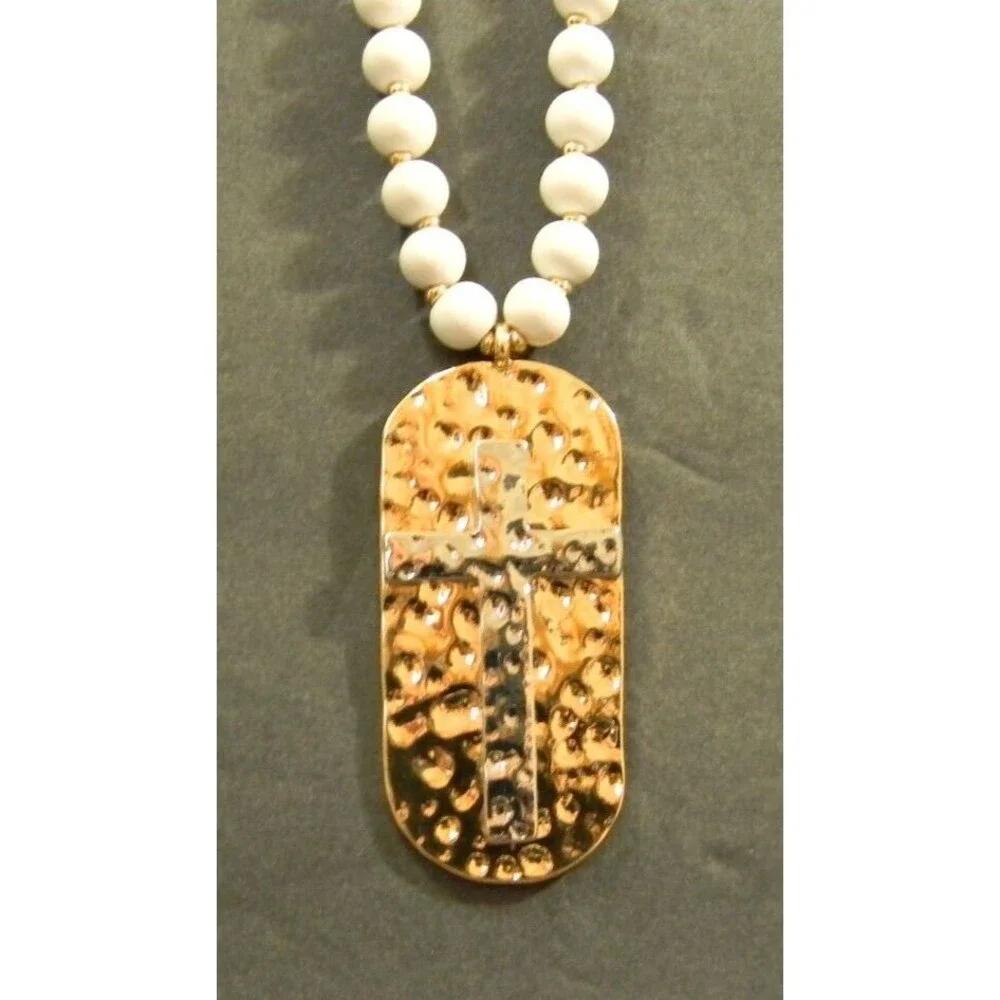 Cross Necklace Contemporary Gold/Silver with White Beads NEW